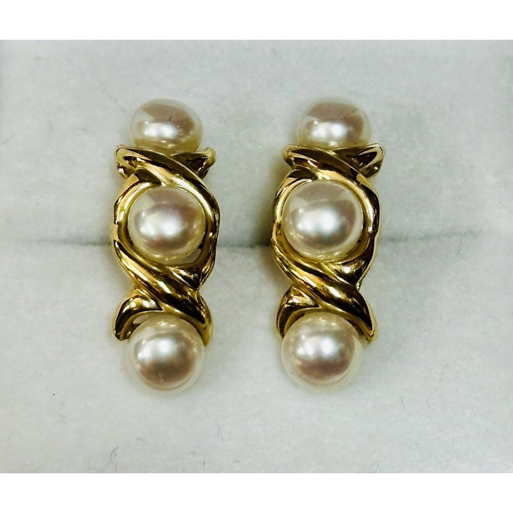 Vintage Pair 14K Yellow Gold Stud Pearl XO Curved Post Earring 4 Grams